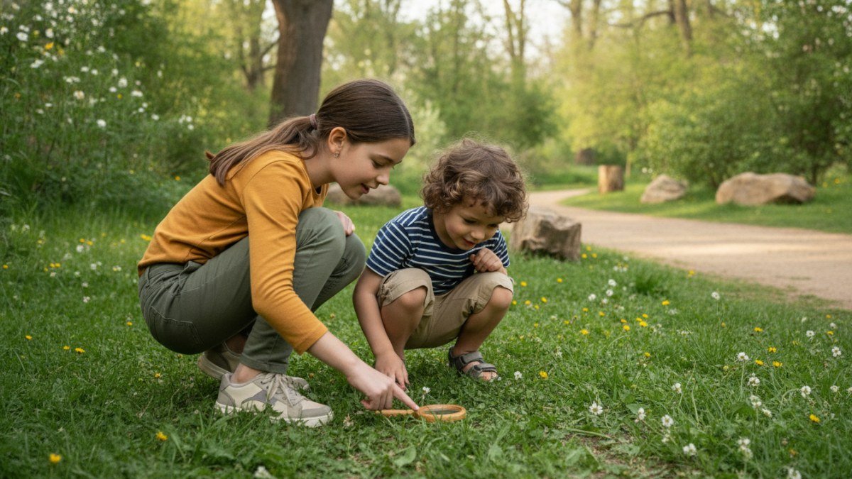 Crianças brincando e explorando a natureza em um parque, aproveitando atividades gratuitas ao ar livre.