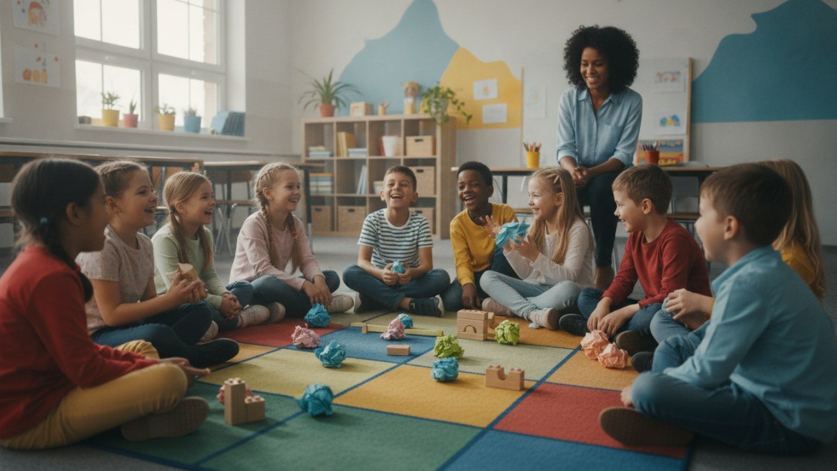 Crianças de diferentes idades em uma sala de aula participando de uma brincadeira coletiva e inclusiva, celebrando o Dia das Crianças na escola.