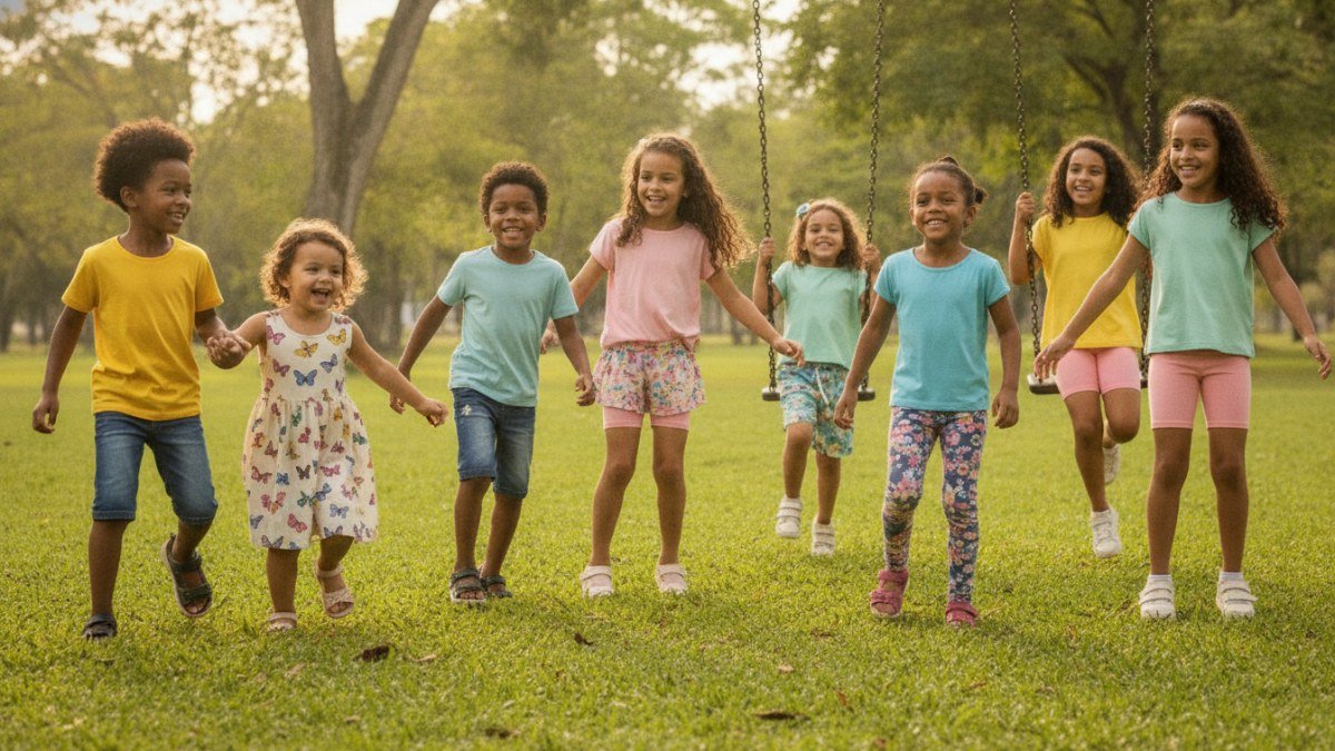 Crian&ccedil;as e adolescentes brincando felizes ao ar livre em um parque, vestindo roupas confort&aacute;veis e coloridas para o Dia das Crian&ccedil;as.