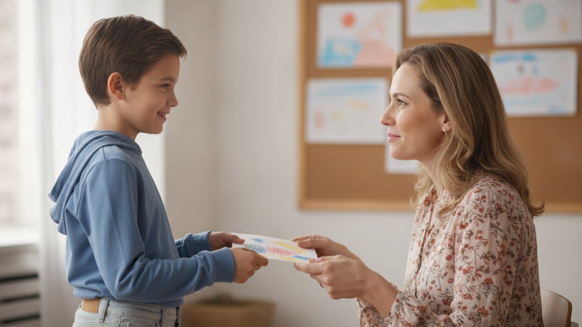 Crian&ccedil;a entregando um cart&atilde;o feito &agrave; m&atilde;o para sua professora em uma sala de aula, ambos sorrindo, simbolizando gratid&atilde;o no Dia dos Professores.
