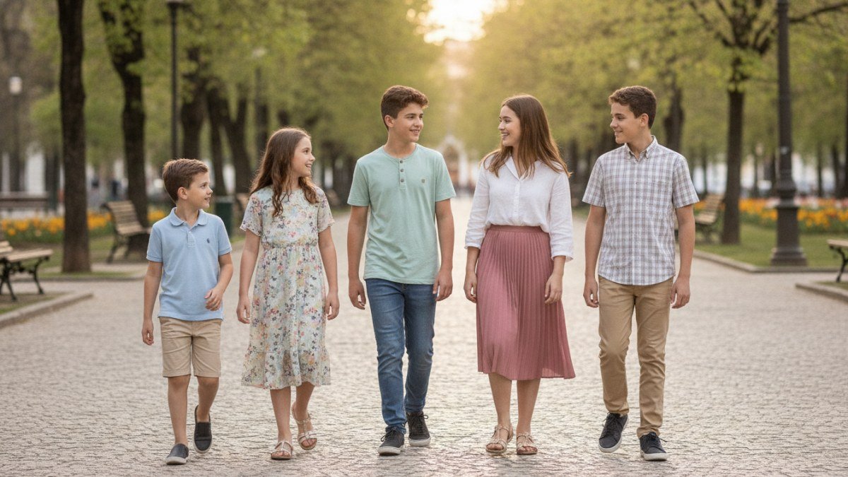 Crian&ccedil;as e adolescentes em um passeio em fam&iacute;lia, vestindo looks casuais e confort&aacute;veis para o Dia das Crian&ccedil;as.