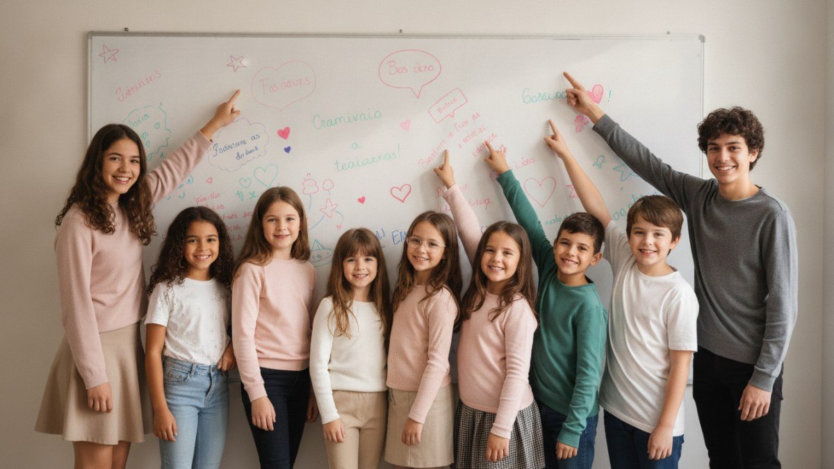Grupo de alunos de diversas idades em frente a um mural escolar com mensagens e desenhos de agradecimento aos professores, celebrando a data especial.
