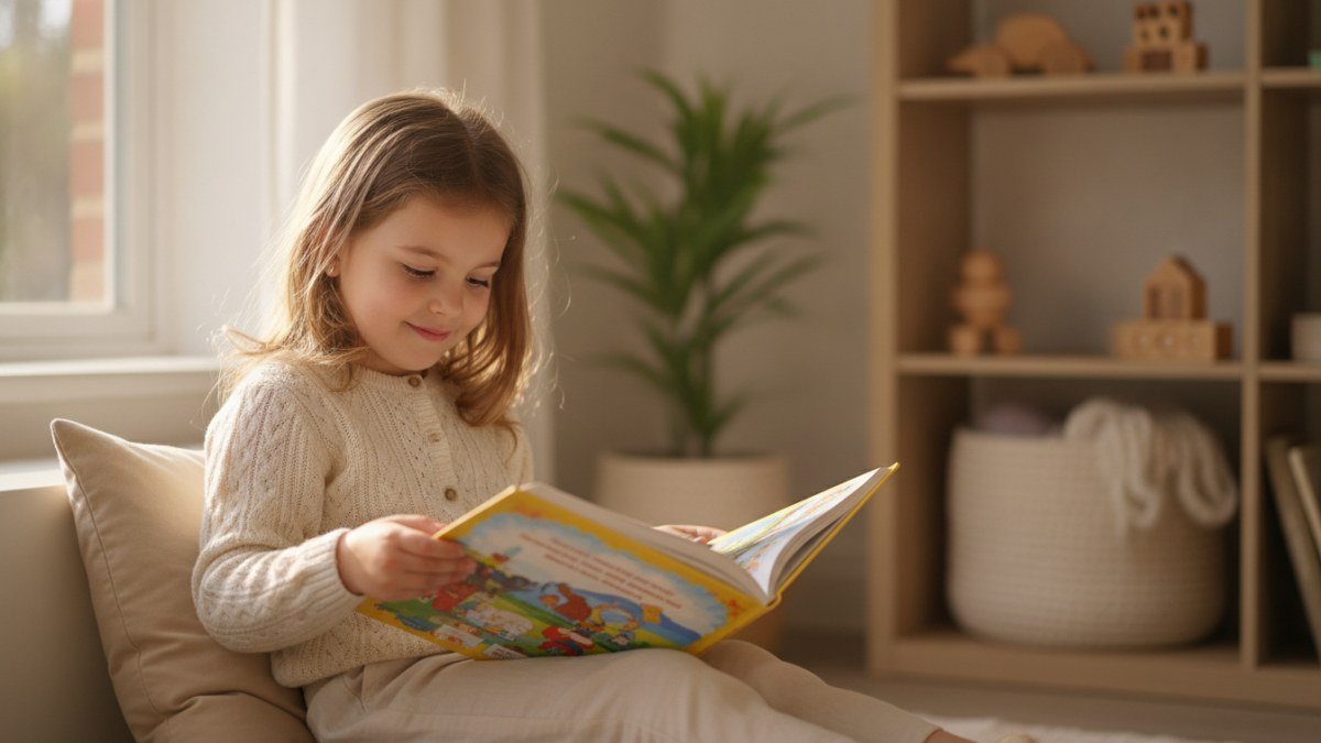 Criança pequena lendo um livro de histórias bíblicas ilustrado em um ambiente tranquilo, simbolizando o aprendizado da fé.