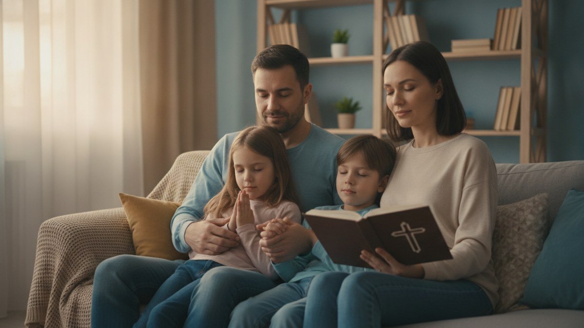 Família reunida em casa, com pais e filhos orando juntos, expressando amor e fé.