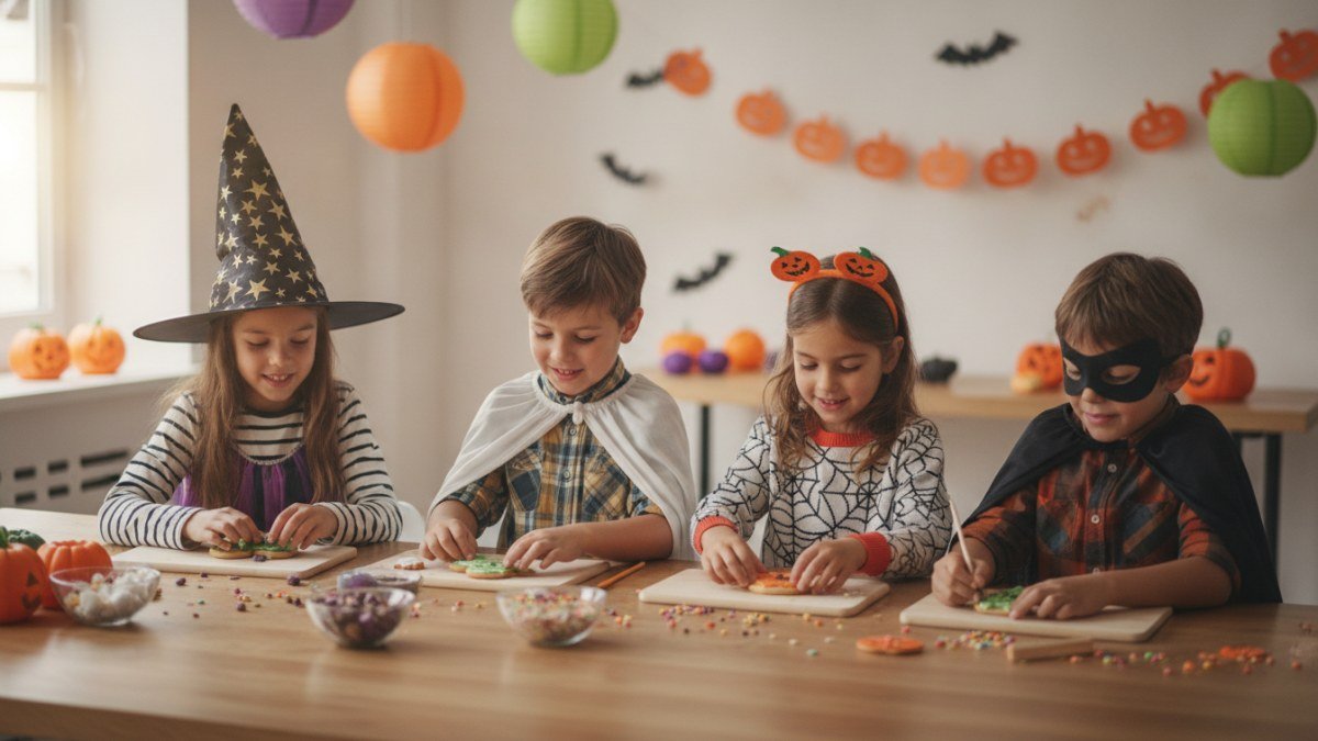 Crian&ccedil;as sorrindo em fantasias leves de Halloween, brincando juntas em um ambiente tem&aacute;tico, promovendo a criatividade e a divers&atilde;o.