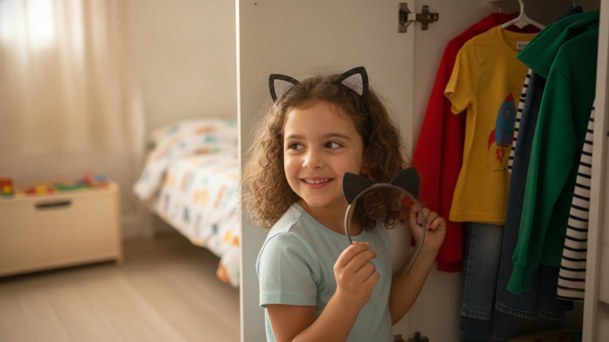 Criança sorrindo ao lado de um guarda-roupa aberto, com roupas do dia a dia e alguns acessórios simples para fantasia de Halloween.