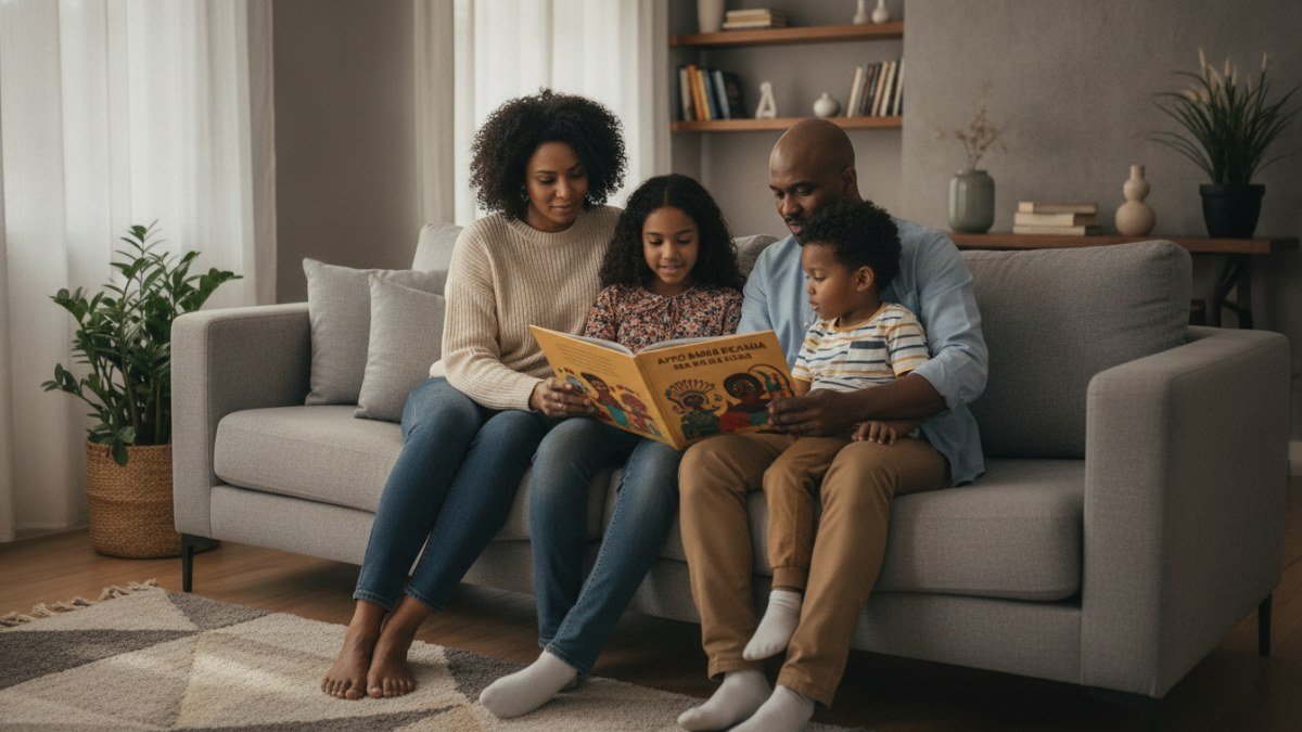 Fam&iacute;lia lendo um livro ilustrado sobre cultura afro-brasileira, com pais e filhos engajados na leitura e aprendizado.