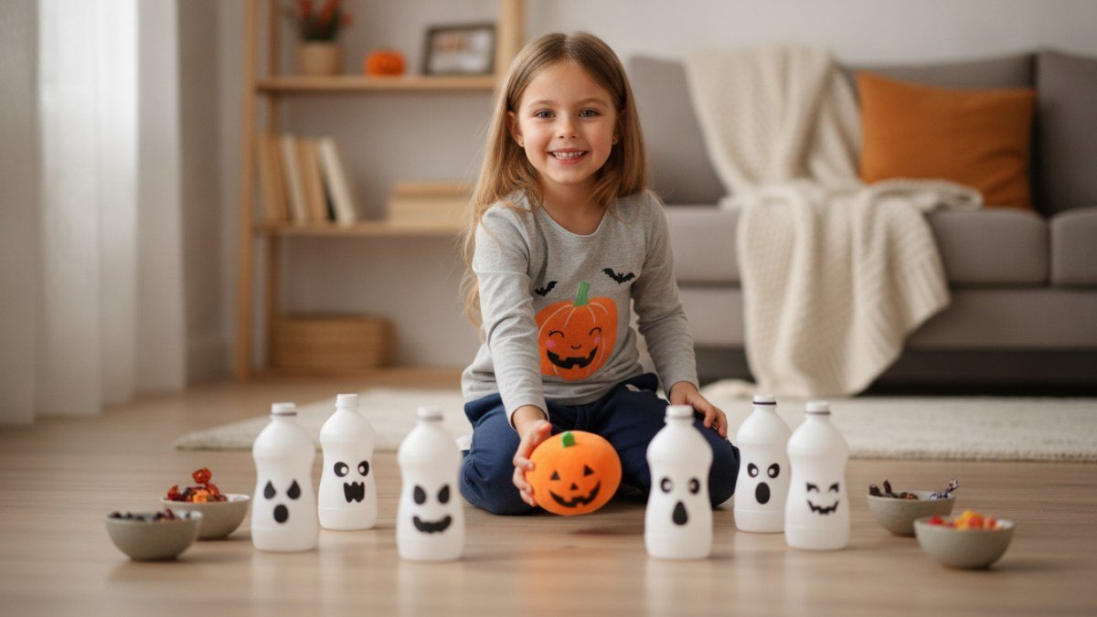 Crian&ccedil;a em casa, vestindo roupa de Halloween, brincando com objetos simples e decorados, como ab&oacute;boras ou fantasmas de papel.