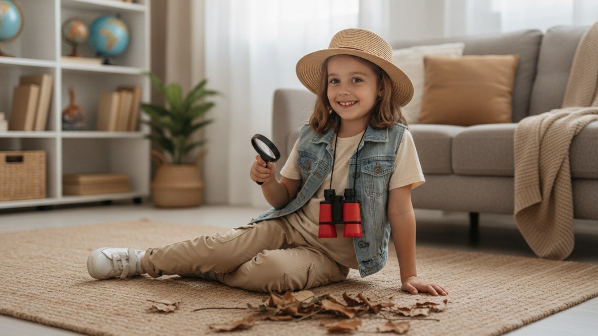 Criança vestida de exploradora com roupas do dia a dia, usando uma calça cargo e um colete, com um binóculo de brinquedo na mão, em pose de aventura.