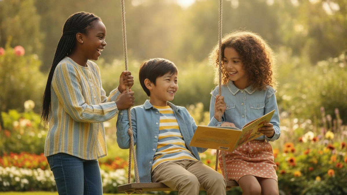Crian&ccedil;as de diferentes etnias brincando juntas em um parque, celebrando a diversidade e a amizade.