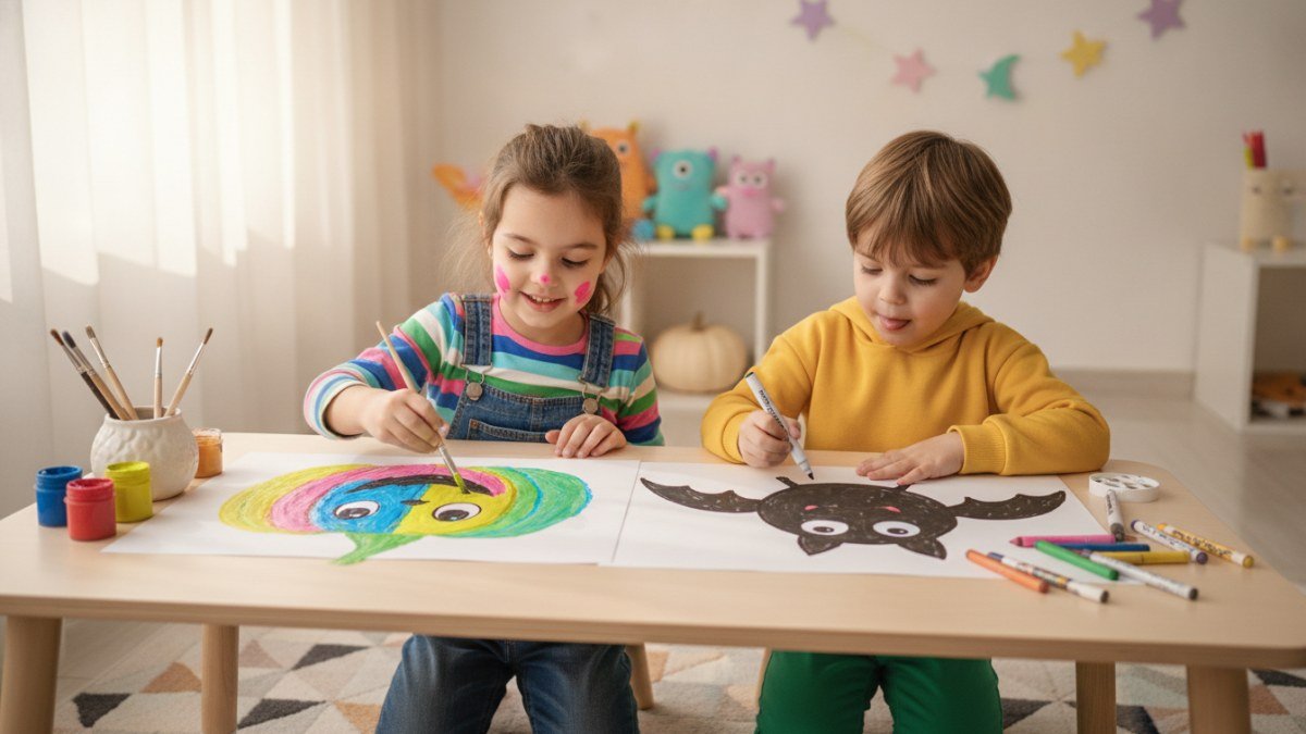 Duas crian&ccedil;as alegres, vestindo roupas coloridas, pintando e desenhando temas de Halloween como ab&oacute;boras e morcegos amig&aacute;veis em um ambiente l&uacute;dico.